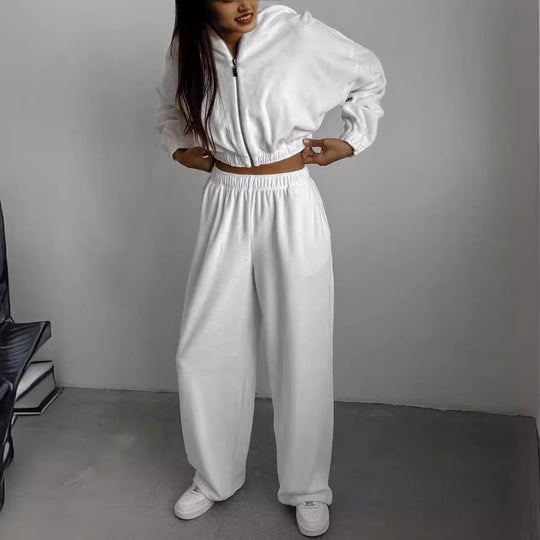 Damen Sportliches Cropped Sweatshirt und Jogginghose Set mit elastischem Bund Heidi-Mode