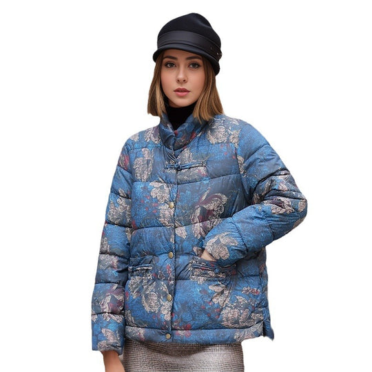 Damen gesteppte Winterjacke mit buntem Kunstdesign und praktischen Taschen Heidi-Mode