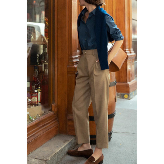 Damen elegante Hochbundhose mit modischen Falten und lockerem Schnitt Heidi-Mode