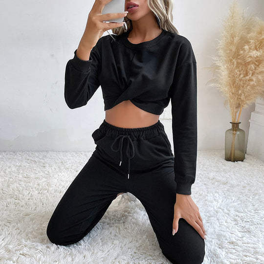Damen Lässiger zweiteiliger Jogginganzug mit cropped Oberteil und flexibler Taille Heidi-Mode