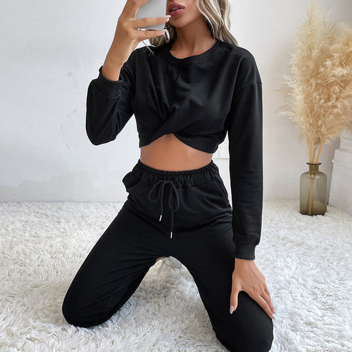 Damen Lässiger zweiteiliger Jogginganzug mit cropped Oberteil und flexibler Taille Heidi-Mode