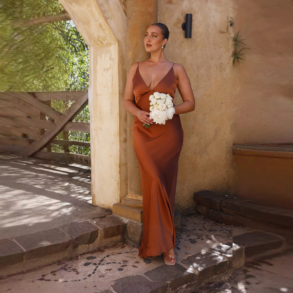 Damen Satin Maxikleid mit eleganter V-Form und fließendem Schnitt Heidi-Mode