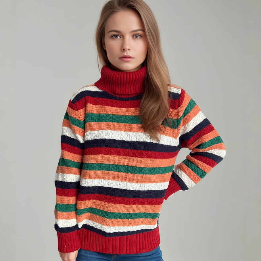 Damen Rollkragenpullover mit farbenfrohen Streifen und hochwertiger Strickqualität Heidi-Mode