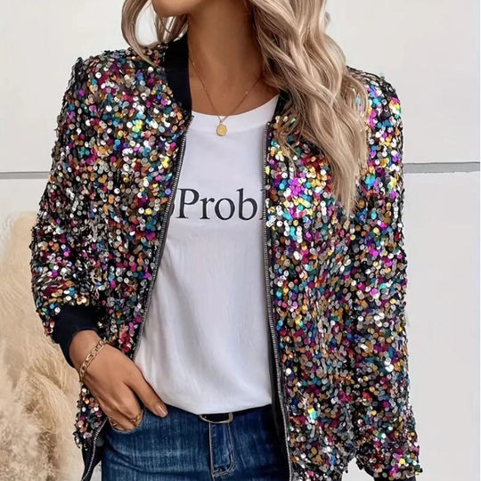 Damen Glitzer Bomberjacke mit funkelnden Pailletten und elastischen Bündchen Heidi-Mode