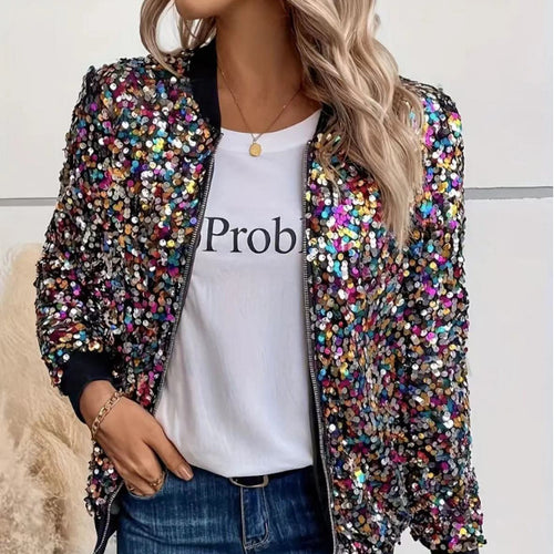 Damen Glitzer Bomberjacke mit funkelnden Pailletten und elastischen Bündchen Heidi-Mode