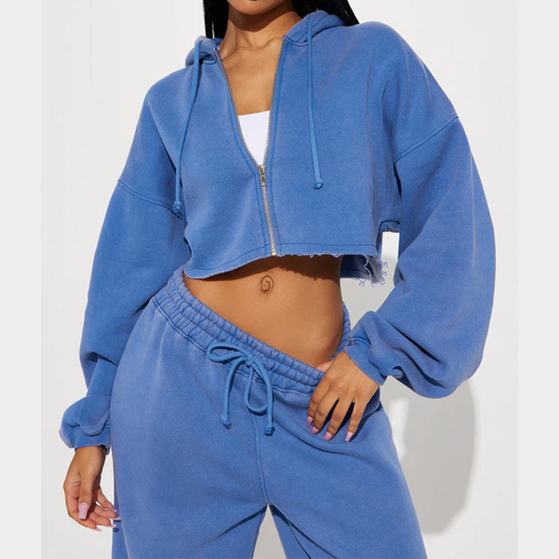 Damen Sportliches Fleece-Set mit cropped Hoodie und weitem Schnitt Heidi-Mode