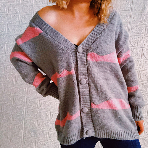 Damen gestreifte Strickjacke mit Knopfverschluss und weitem Schnitt Heidi-Mode