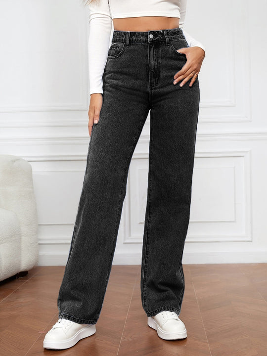 Damen Weite High-Waist Jeans im klassischen Stil mit betontem Bein Heidi-Mode