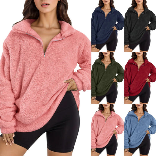 Damen Fleece-Pullover mit halbem Reißverschluss und Oversize-Schnitt Heidi-Mode