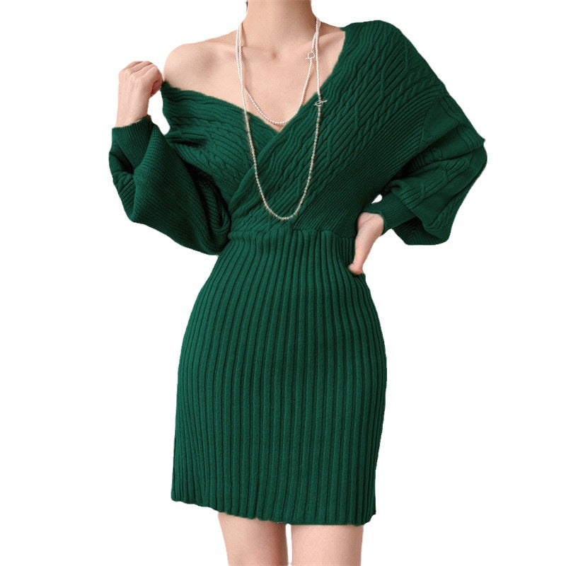 Damen Elegantes Strickkleid mit V-Ausschnitt und strukturiertem Oberteil Heidi-Mode