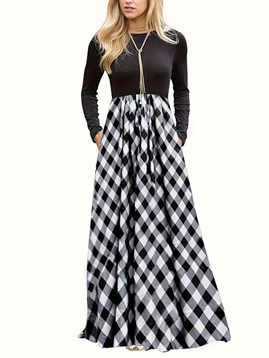 Damen Maxikleid mit modernem Karomuster und langen Ärmeln Heidi-Mode