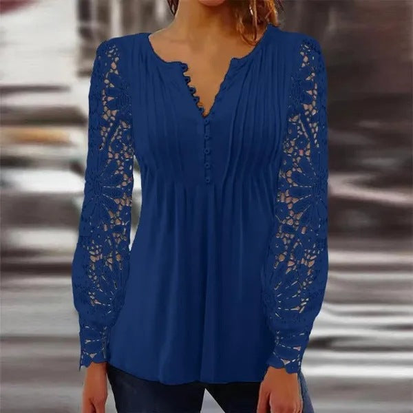 Damen Spitzenbluse mit eleganten Knopfdetails und voluminösen Ärmeln Heidi-Mode