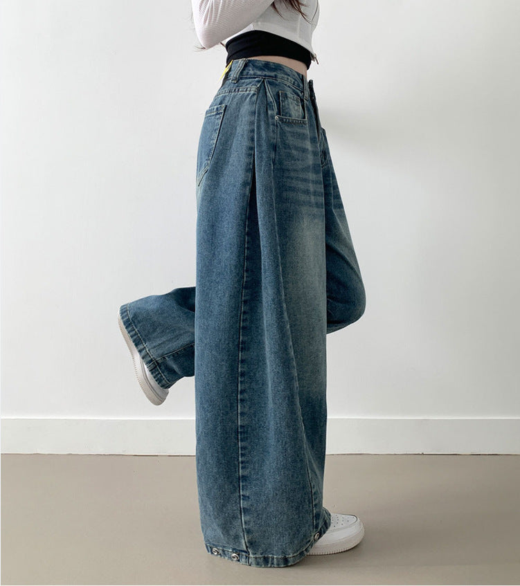 Damen Weite High-Waist Denim-Hose mit Faltenwurf Heidi-Mode