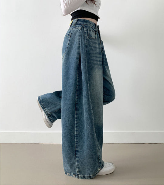 Damen Weite High-Waist Denim-Hose mit Faltenwurf Heidi-Mode