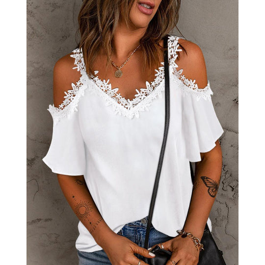 Damen Cold-Shoulder Spitzenbesatz Oberteil Heidi-Mode