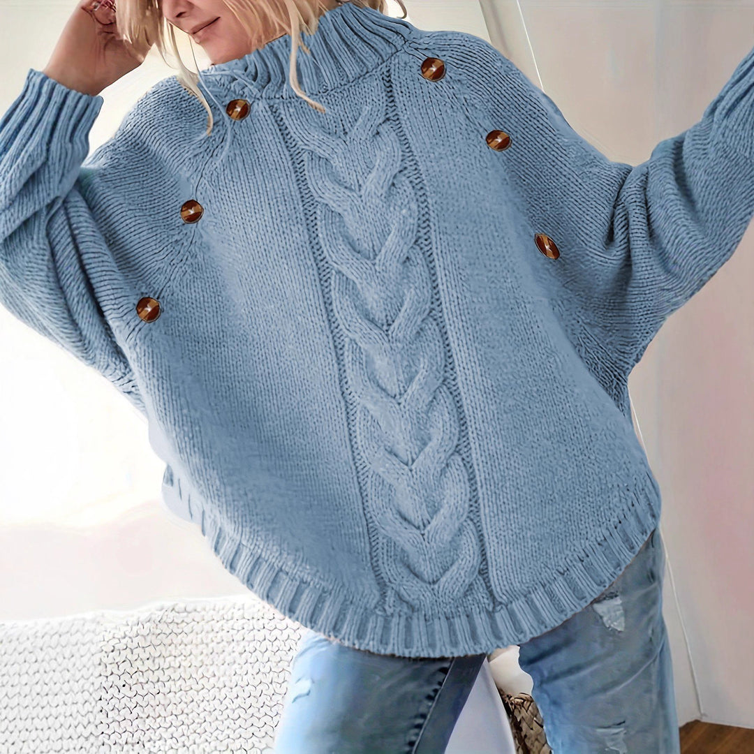 Damen Grobstrickpullover mit hochgeschlossenem Kragen und dekorativen Knöpfen Heidi-Mode