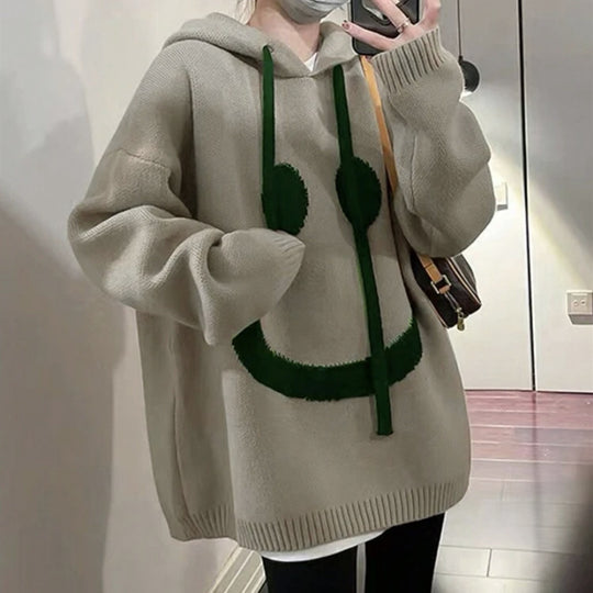 Damen Lässiger Oversized-Pullover mit Smiley-Motiv Heidi-Mode
