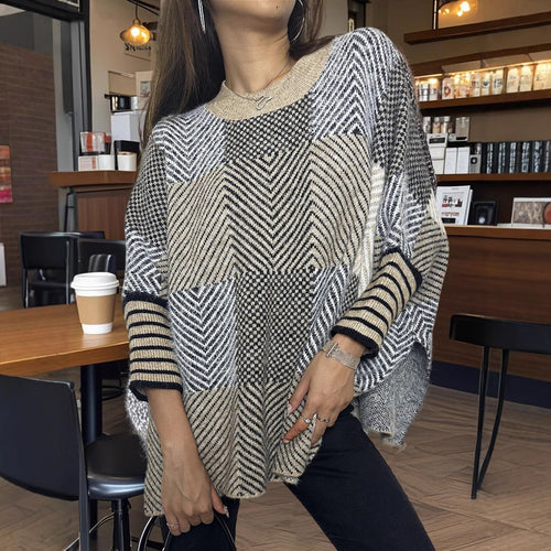 Damen asymmetrischer Strickpullover mit Zickzackmuster Heidi-Mode