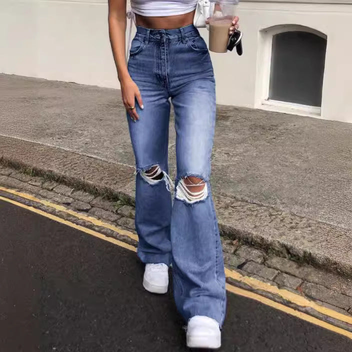 Damen Flared Jeans mit modischen Ripped-Details und hohem Bund Heidi-Mode