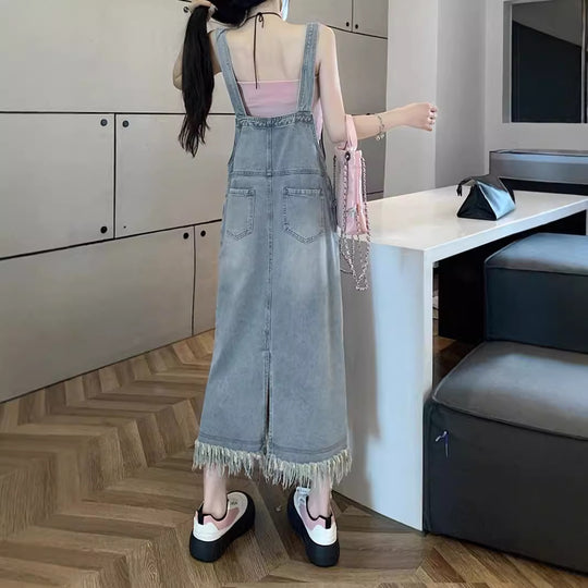 Damen Lässiger Jeansoverall mit fransigem Saum Heidi-Mode