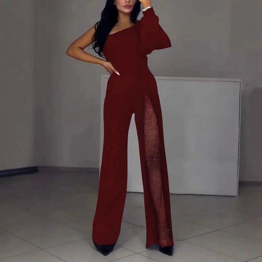 Damen Eleganter Jumpsuit mit transparenten Einsätzen und Pailletten Heidi-Mode