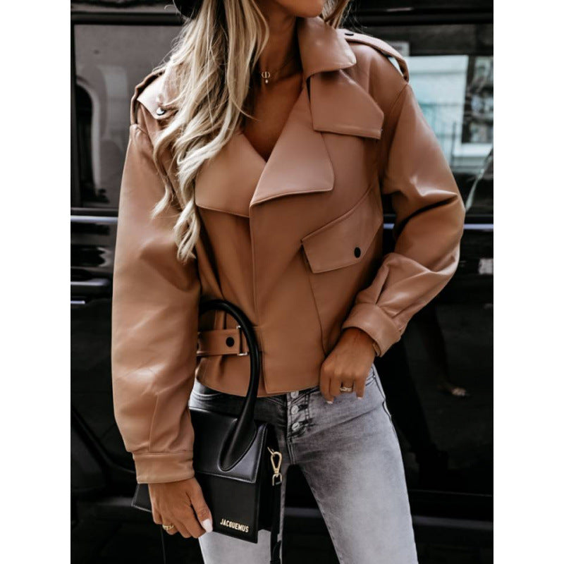 Damen Bikerjacke aus Kunstleder mit eleganter Schnalle und Taschen Heidi-Mode