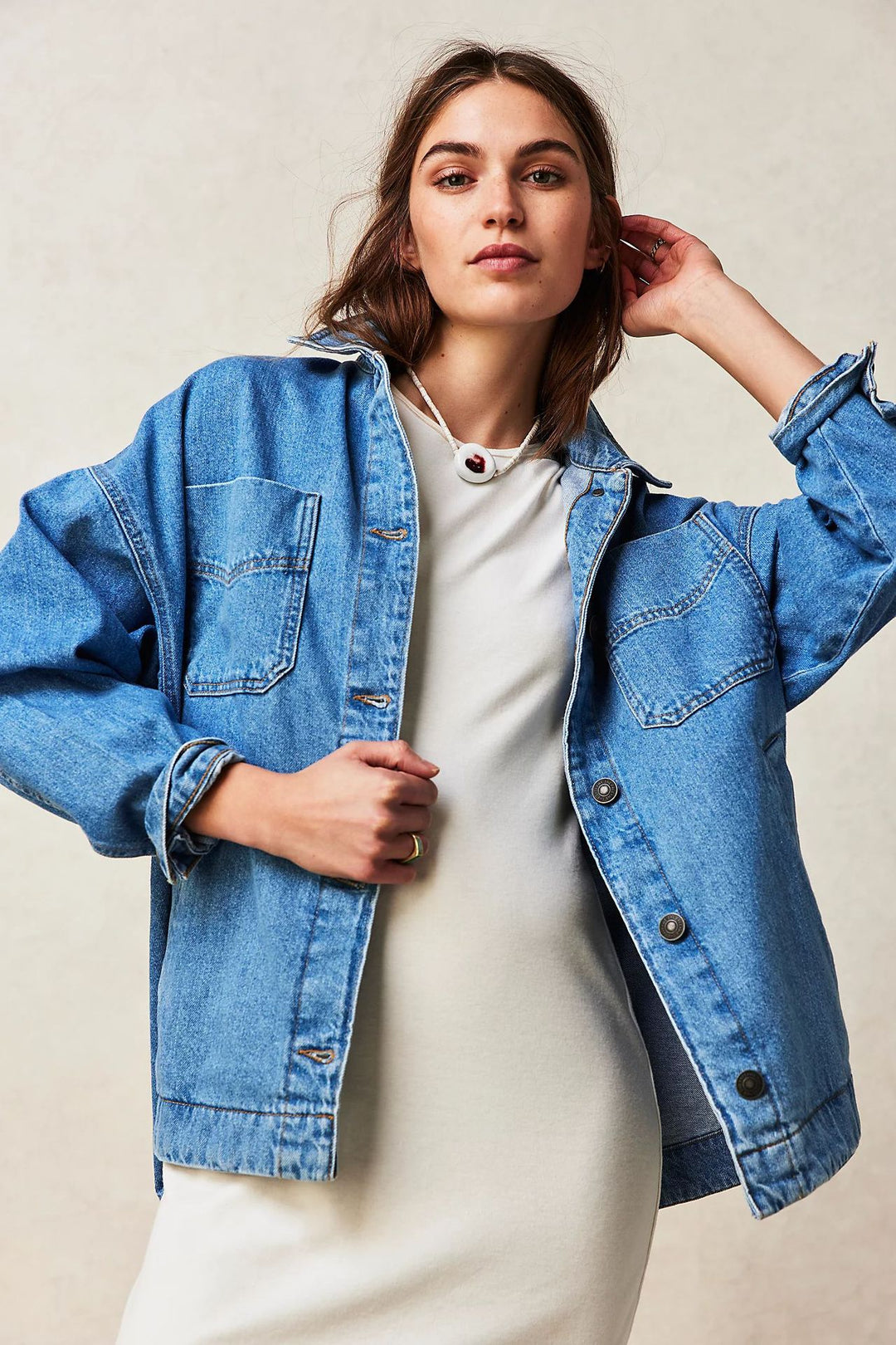 Damen lässige Oversized Jeansjacke mit großen Taschen Heidi-Mode