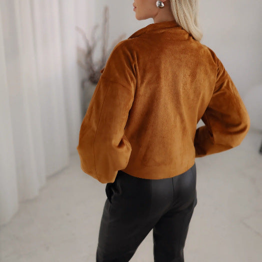Damen Trendige Kurzjacke im lässigen Biker-Stil mit asymmetrischem Reißverschluss und tiefem Kragen Heidi-Mode