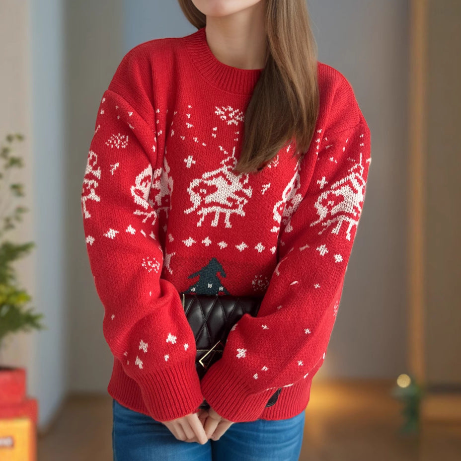 Damen gestrickter Weihnachtspullover mit festlichen Motiven und lässigem Schnitt Heidi-Mode