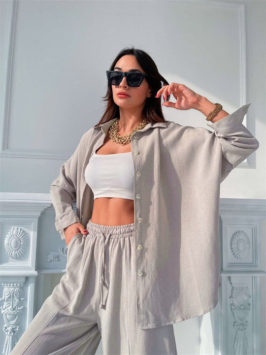 Damen lässiges Freizeit-Set mit übergroßem Hemd und weiten Hosen Heidi-Mode