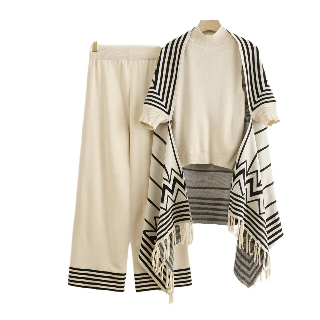 Damen elegantes Strick-Kombinationsset mit hochgeschlossenem Oberteil und weiten Hosen Heidi-Mode