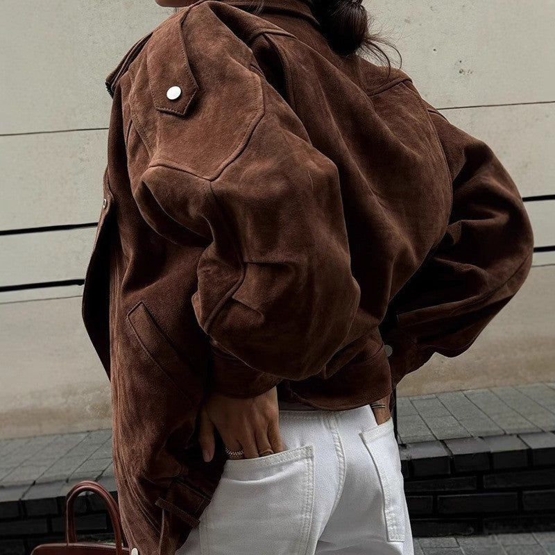 Damen modischer Wildleder-Style Oversized-Jacke mit Gürtel Heidi-Mode