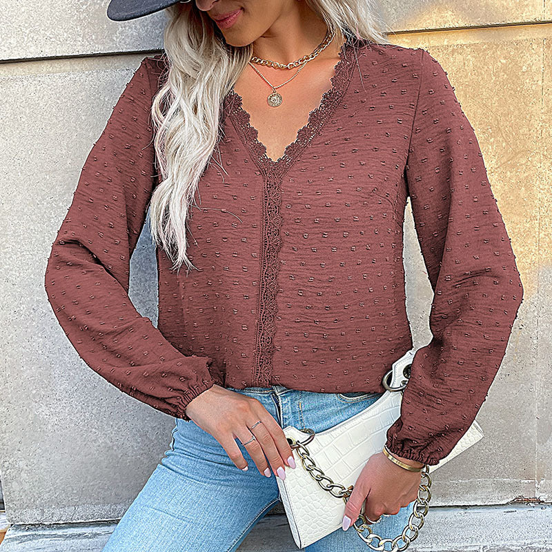 Damen Bluse mit feinen Strukturdetails und romantischem Spitzeneinsatz Heidi-Mode
