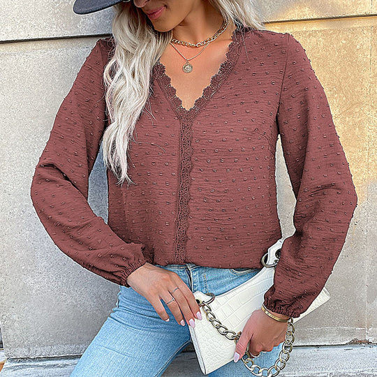 Damen Bluse mit feinen Strukturdetails und romantischem Spitzeneinsatz Heidi-Mode