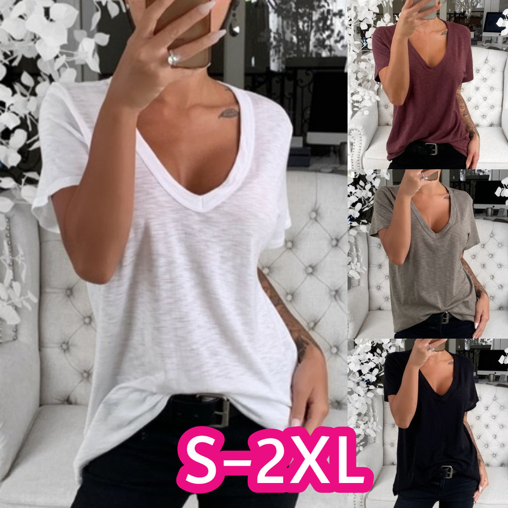 Damen lässiges V-Ausschnitt T-Shirt mit lockerer Passform Heidi-Mode