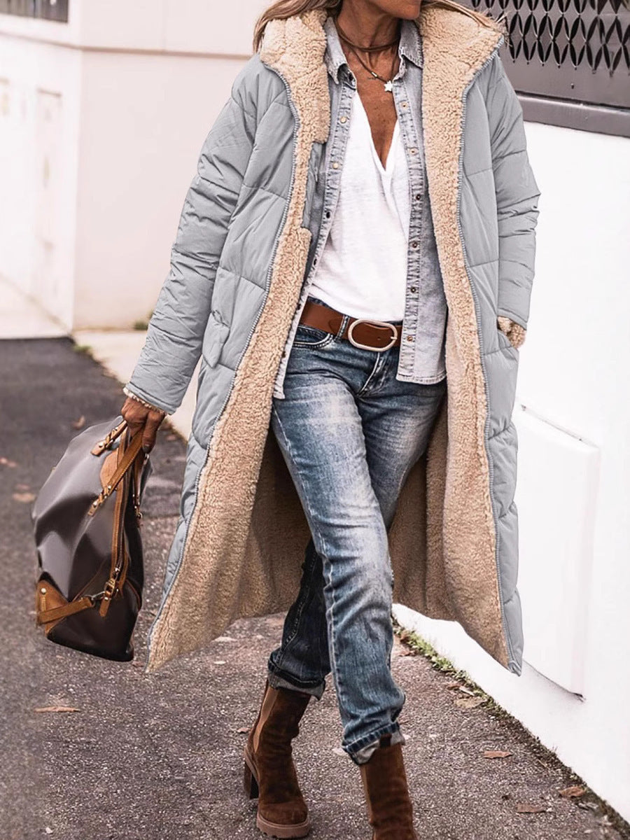 Damen lange Steppjacke mit kuscheligem Teddyfutter und großem Revers Heidi-Mode
