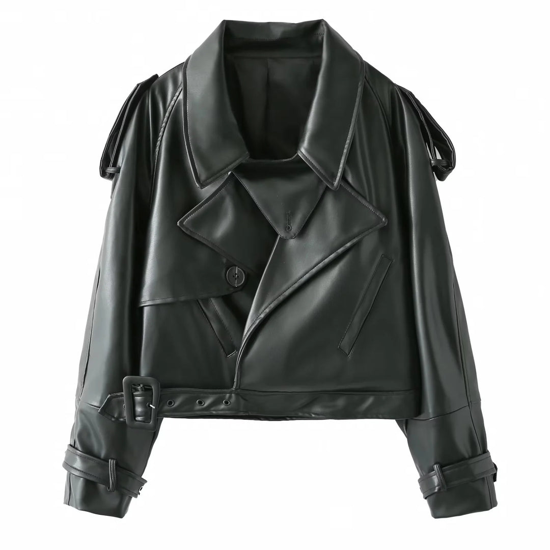 Damen coole cropped Kunstlederjacke mit asymmetrischem Kragen und modischem Design Heidi-Mode