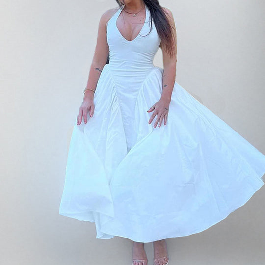Damen Maxikleid mit tiefem V-Ausschnitt und schwingendem Rock Heidi-Mode