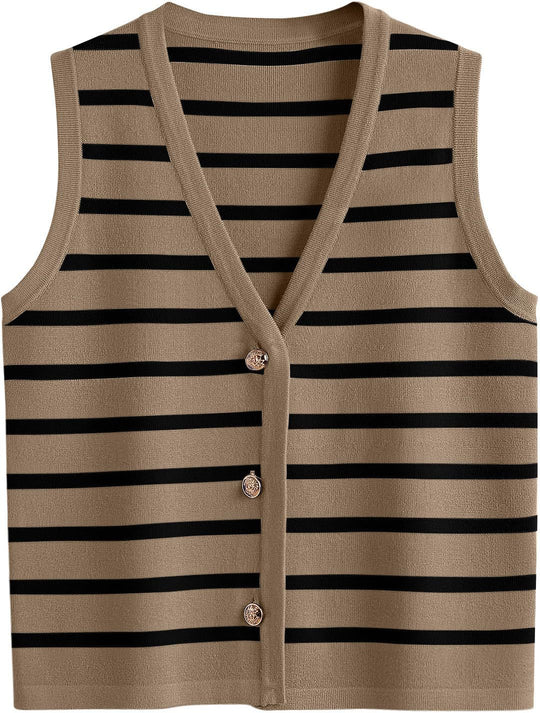 Damen ärmellose Strickweste mit V-Ausschnitt und dekorativen Knöpfen Heidi-Mode