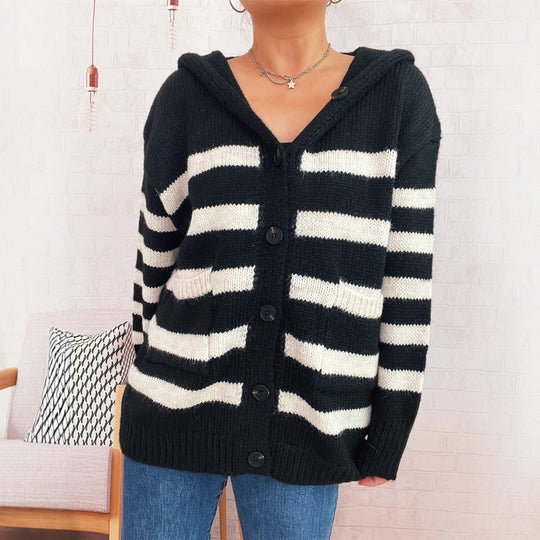 Damen oversized Strickjacke mit kontrastierenden Streifen und Kapuze Heidi-Mode