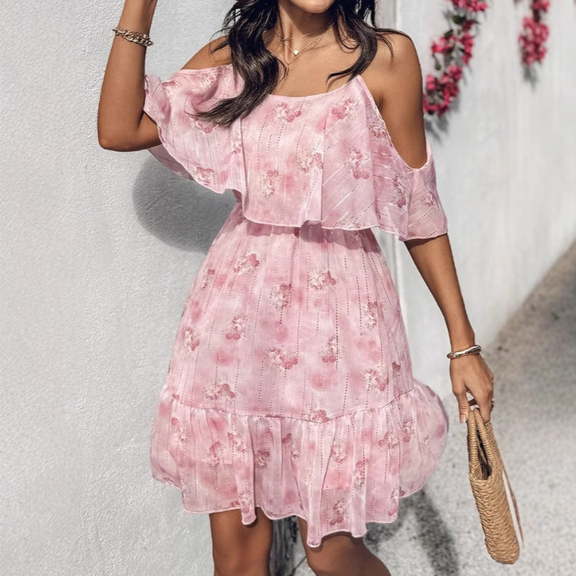 Damen Spazierkleid mit schulterfreier Optik und Rüschendetails Heidi-Mode