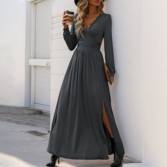 Damen Maxikleid mit tiefem V-Ausschnitt und eleganter Raffung Heidi-Mode