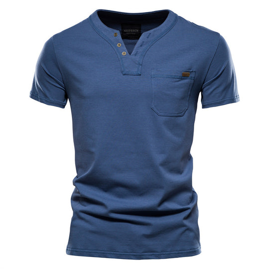 Herren V-Ausschnitt T-Shirt mit Druckknöpfen und Brusttasche Heidi-Mode
