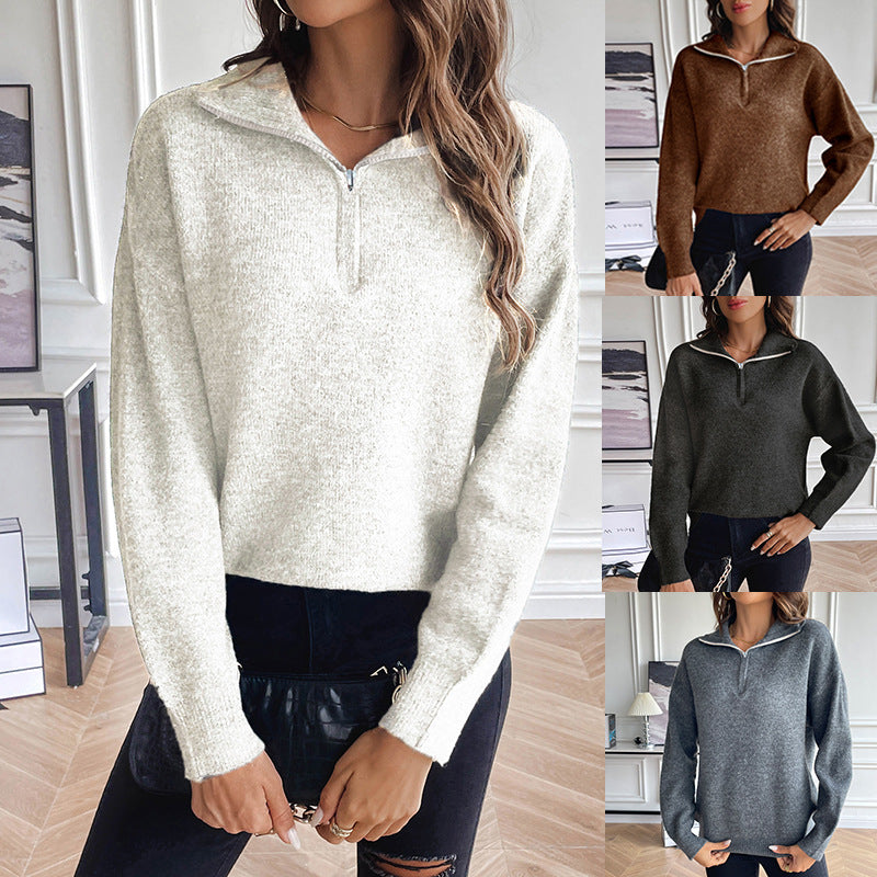 Damen Strickpullover mit kurzem Reißverschluss und modernem Schnitt Heidi-Mode