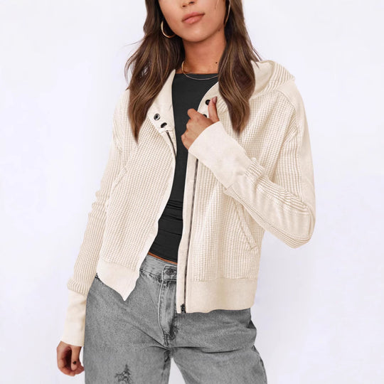 Damen lässige Zip-Jacke mit Kapuze und strukturiertem Design Heidi-Mode