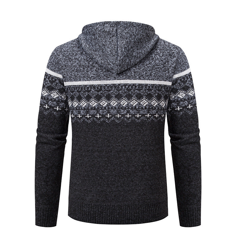 Herren stilvolle Strickjacke mit Kapuze und Norweger-Muster Heidi-Mode