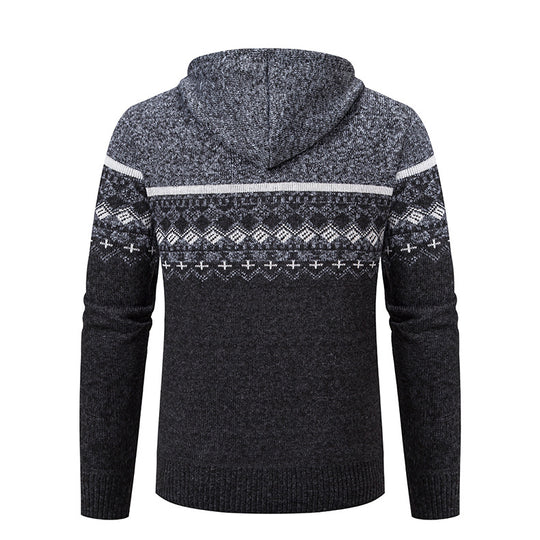 Herren stilvolle Strickjacke mit Kapuze und Norweger-Muster Heidi-Mode