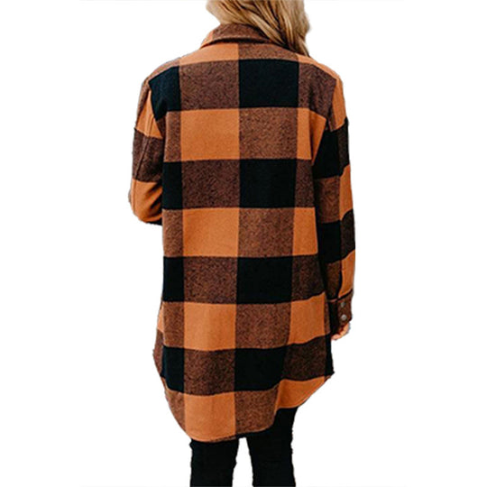Damen lässige Longbluse im Karo-Design mit Knopfleiste Heidi-Mode