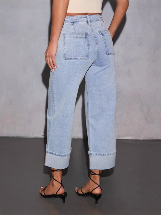 Damen Boyfriend Jeans mit lässigem Umschlagbund und hohen Taschen Heidi-Mode