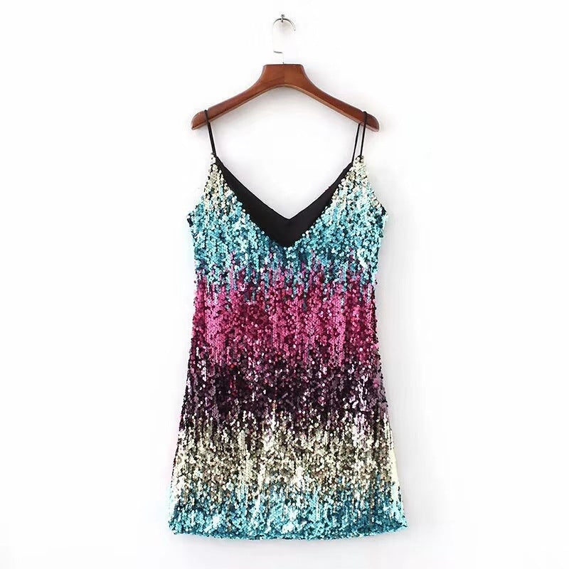 Damen Pailletten Kleid mit tiefem Ausschnitt und Spaghettiträgern Heidi-Mode